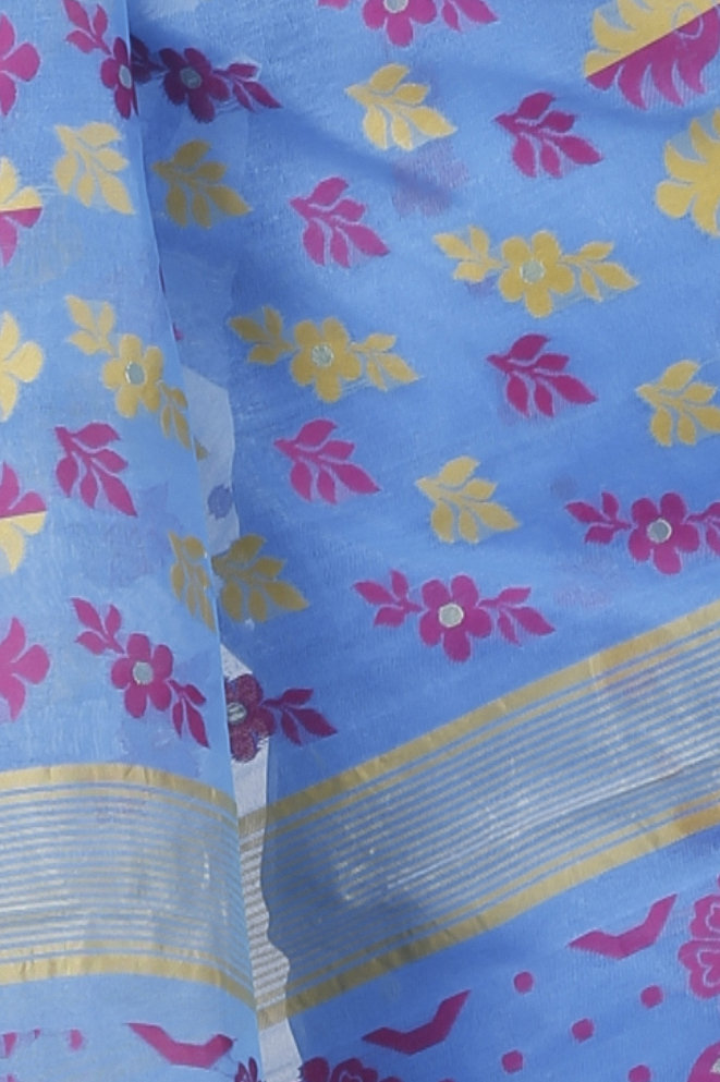 Sky Blue Pure Cotton Urmila Jamdani Saree (1125)